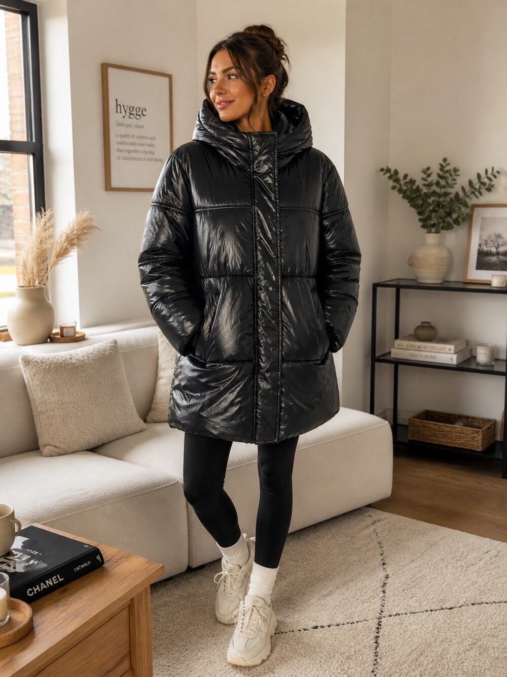 NVLT Anthropologie Black Thigh Length Hidden Hood Puffer Coat. Size Large.